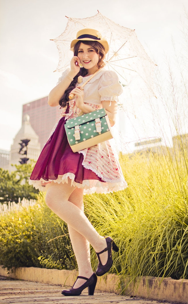 Auburn Lolita wearing White Opaque Pantyhose and Colored Short Dress